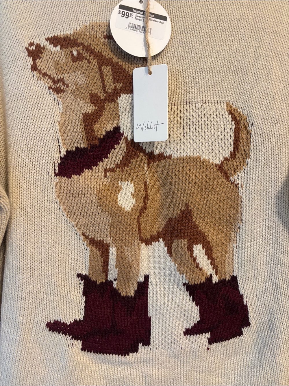Wishlist Beige Crewneck Sweater with Dog Intarsia and Burgundy Accents - Picture 2 of 5